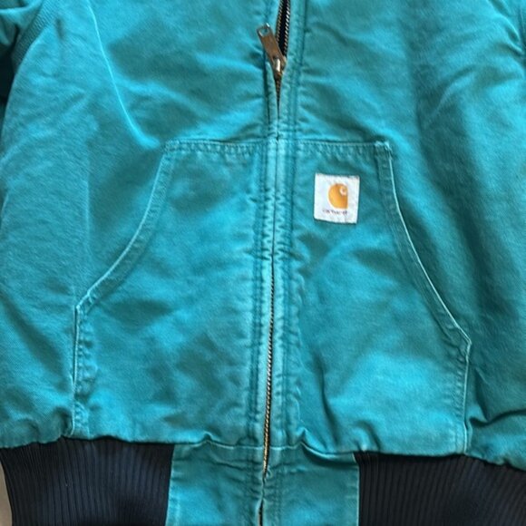 Teal Carhartt Santa Fe Bomber Jacket Rare Vintage Hooded Aqua Sz Unknown USA 90 - Picture 9 of 10